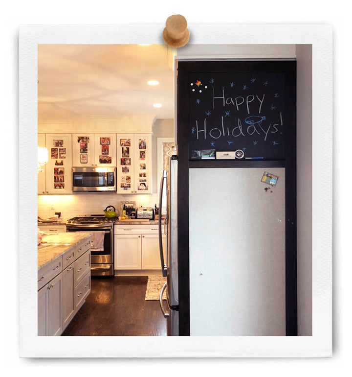 Custom chalkboard with bulletin board panel for side of fridge