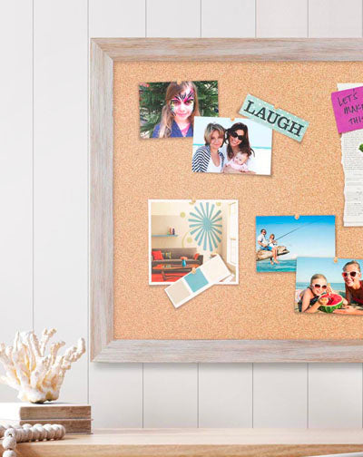 Handcrafted corkboard built with our Sedona White frame.