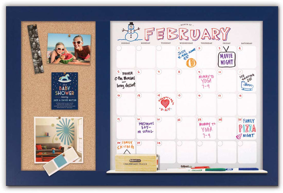 36" x 22" Dry Erase Calendar - Blue Frame/Cork