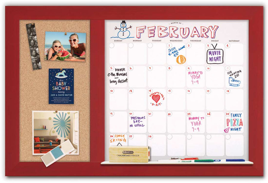 36" x 22" Dry Erase Calendar - Red Frame/Cork